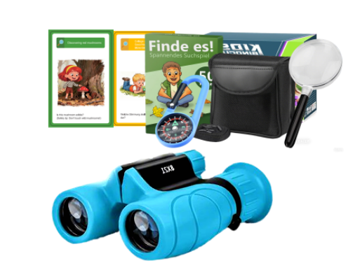 8x21 Kids Binoculars Explorer Set - Portable Outdoor Adventure Kit with Compass, Magnifying Glass & Multilingual Educational Cards (FR/IT/ES), Premium Science Gift for Boys & Girls
