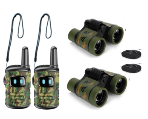 Kids Walkie Talkies and Binoculars 4-Pack Set - Gen-2 Camouflage Outdoor Adventure Kit, Long Range 2-Way Radios & Pocket Binoculars, US Standard Tactical STEM Exploration Gear Gift for Boys & Girls